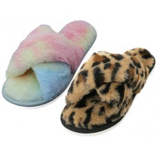 Z8118L-A - Wholesale Women's "EasyUSA" X-Cross Soft Fuzzy Plush Upper House Slippers ( Asst. Rainbow And Leopard Print )  
